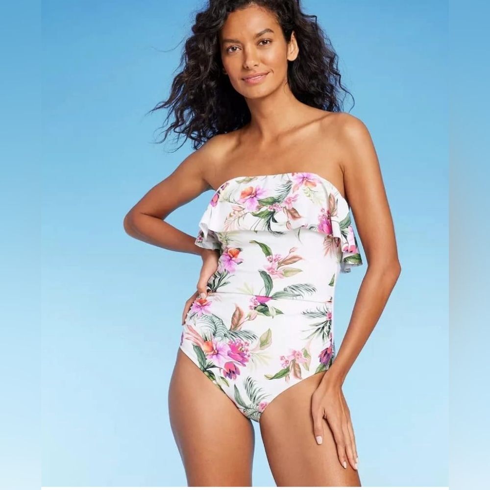 Kona Sol Bandeau Flounce Ruched Full Coverage One Piece Swimsuit XL Floral White